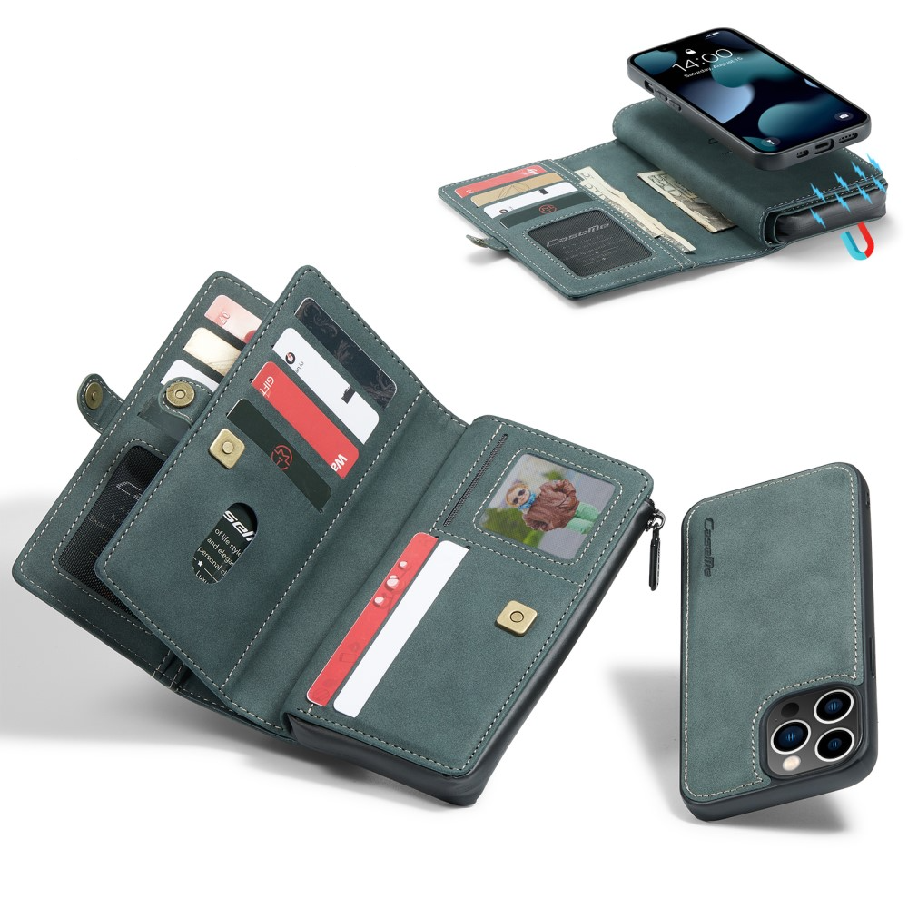 iPhone 13 Pro 3in1 Leder Tasche   Magnet Hardcase Karten Etui - Blau / Grün