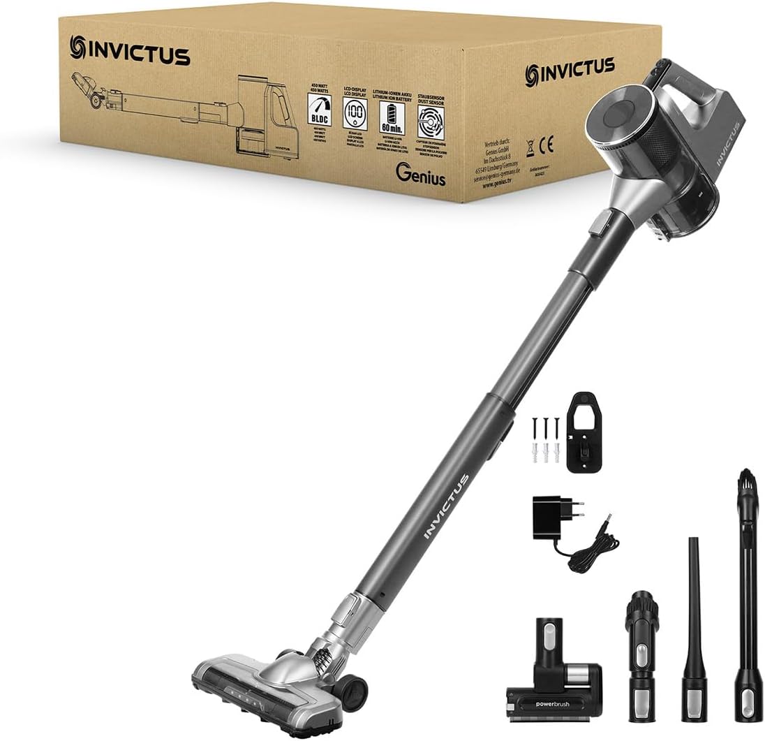 Genius Invictus X6 Ultra Akku Handstaubsauger 16 TLG, Smart Staubsauger mit Staubsensor, 450 Watt, 4 Fach HEPA Filtersystem, Akku Laufzeit bis zu 60 Min, 4 Saugmodi