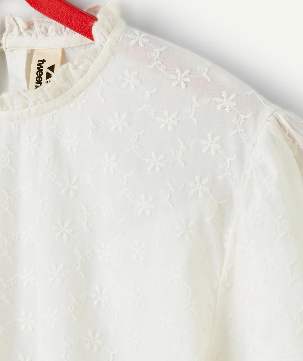 BLOUSE MANCHES BOUFFANTES FILLE AVEC BRODERIES FLEURS ÉCRUE