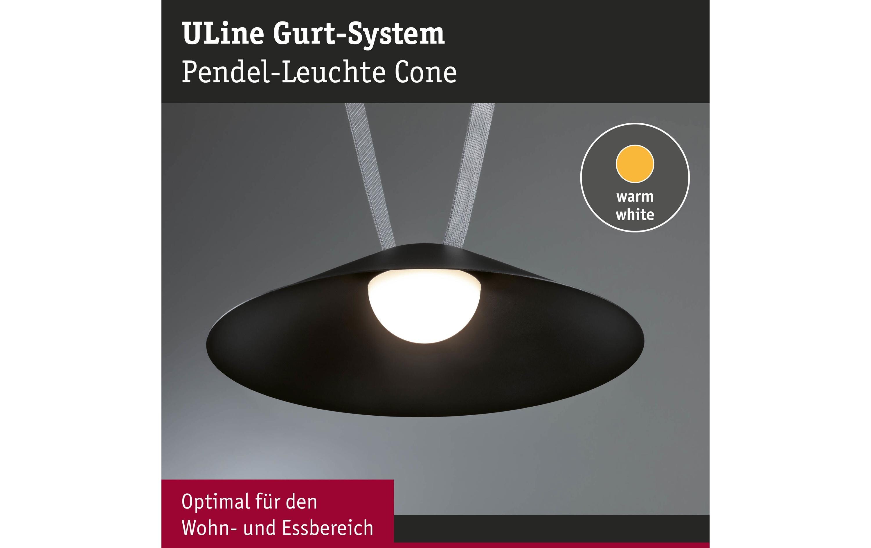 ULine Pendel Cone 350 mm, 3000 K, 90 Ra, Aluminium, SchwarzGurt-System-Leuchte