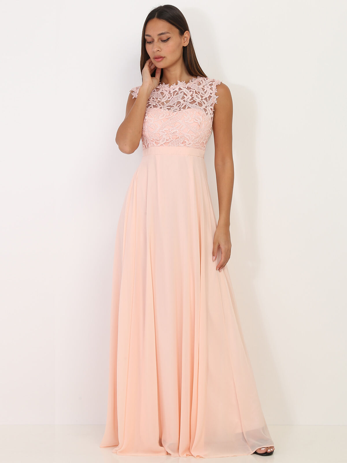 Robe longue à dentelle- Rose