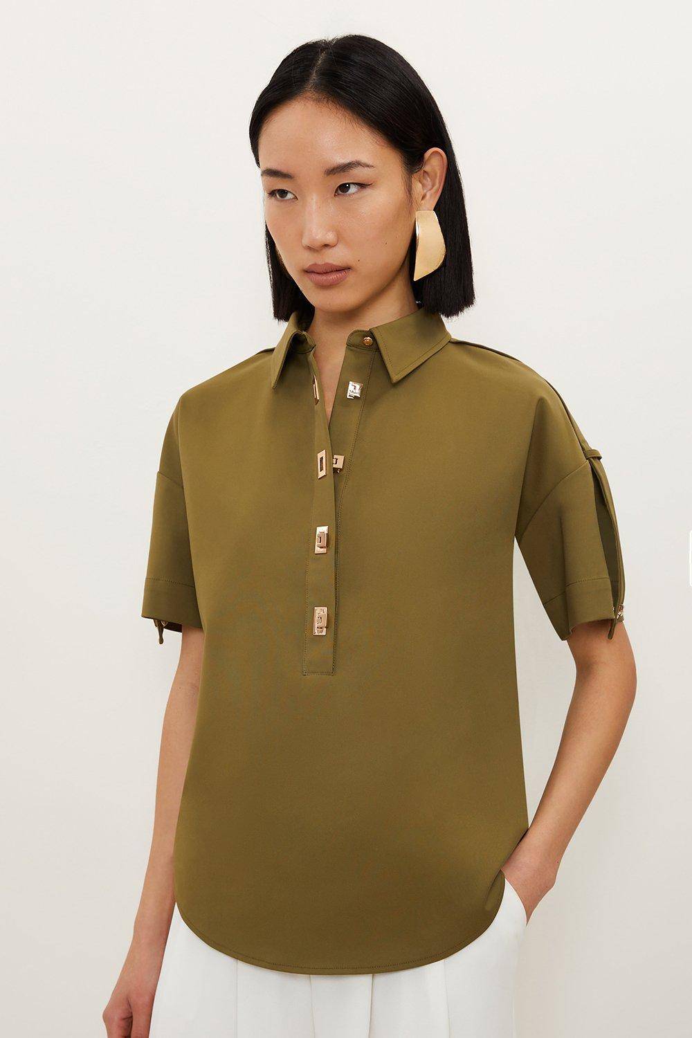 KarenMillen Chemise Techno en coton tissé à manches courtes avec détails métalliques