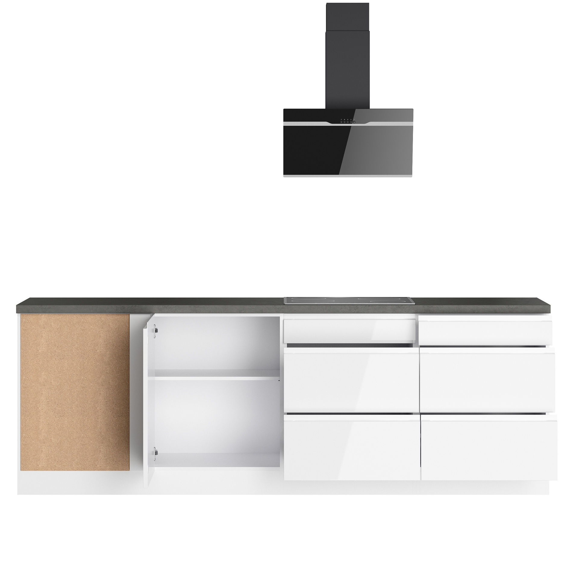 Winkelküche MONZA - weiß Hochglanz - Beton-Optik - mit E-Geräten - Induktionskochfeld - 240x240 cm