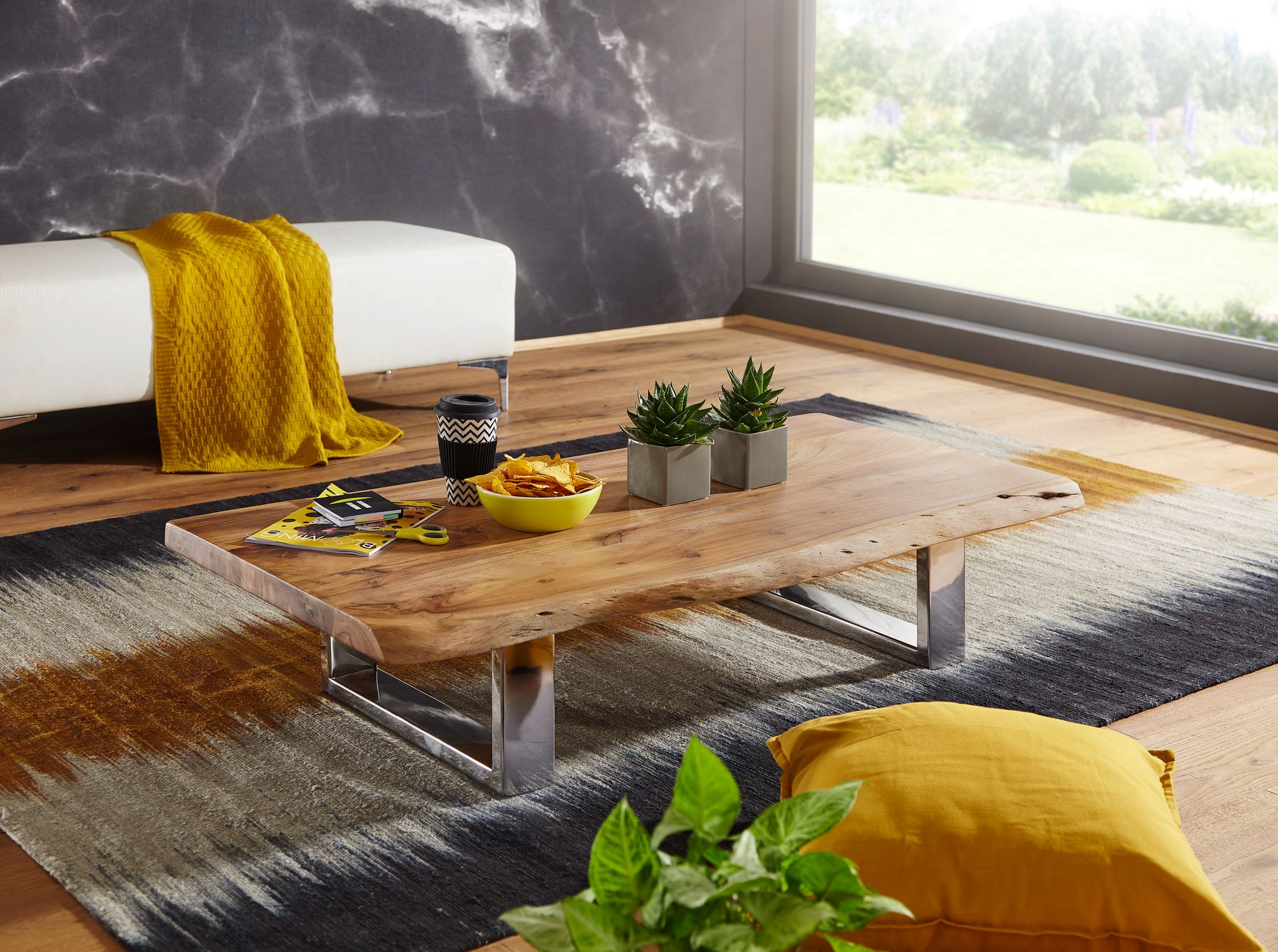 Couchtisch FineBuy Akazie Wohnzimmertisch Holz Massiv Sofatisch Baumkante Groß