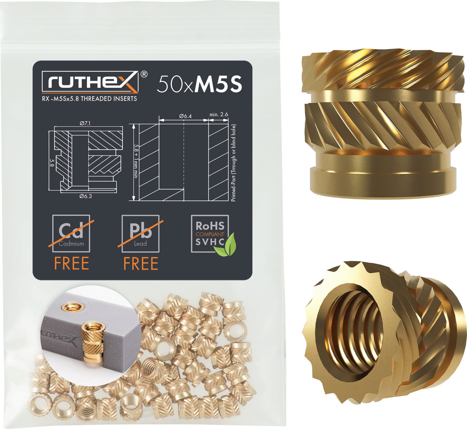 ruthex  Gewindeeinsatz M5S (50 Stück), M5Sx5,8    Hochwertige Gewindebuchsen aus Messing