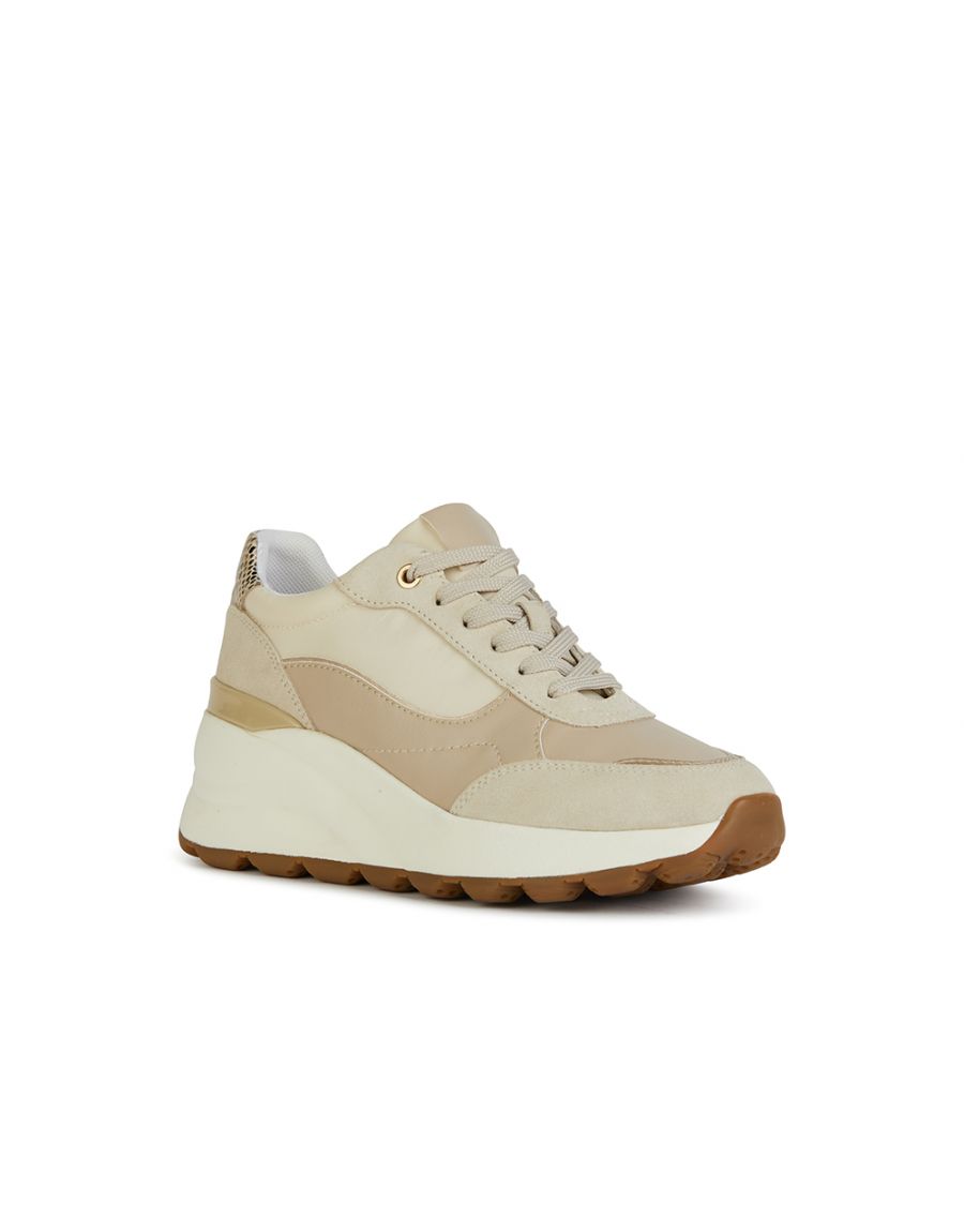 Baskets cuir tissu beige