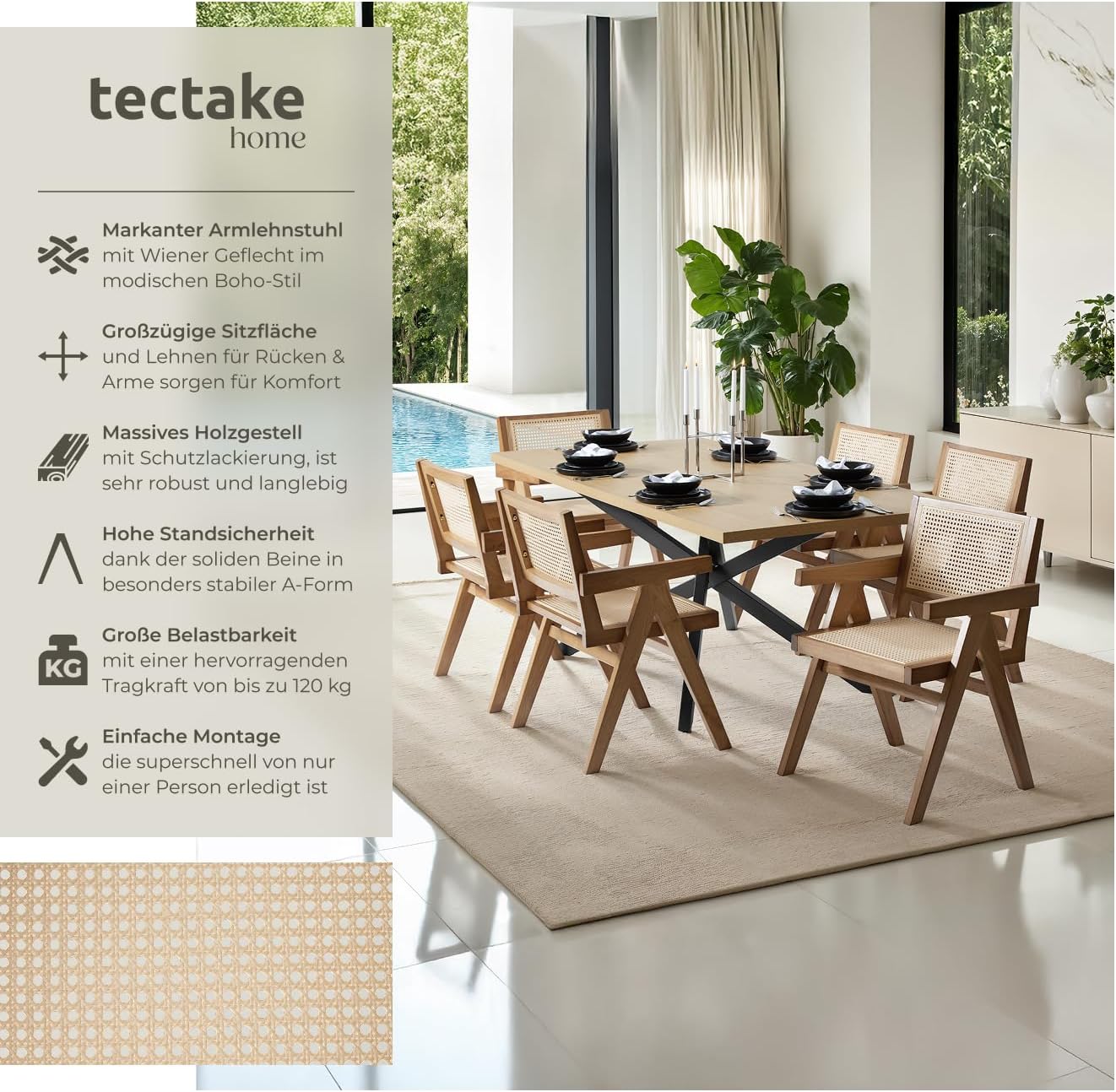 tectake® Stuhl mit Armlehne, Küchenstuhl, Armlehnstuhl, Boho Korbsessel Wiener Geflecht, Dining Chair, Stuhl Esszimmer, Sessel Wohnzimmer, Holzstuhl, Sitzecke Küche - Eiche hell mit Armlehne, 1 Stuhl