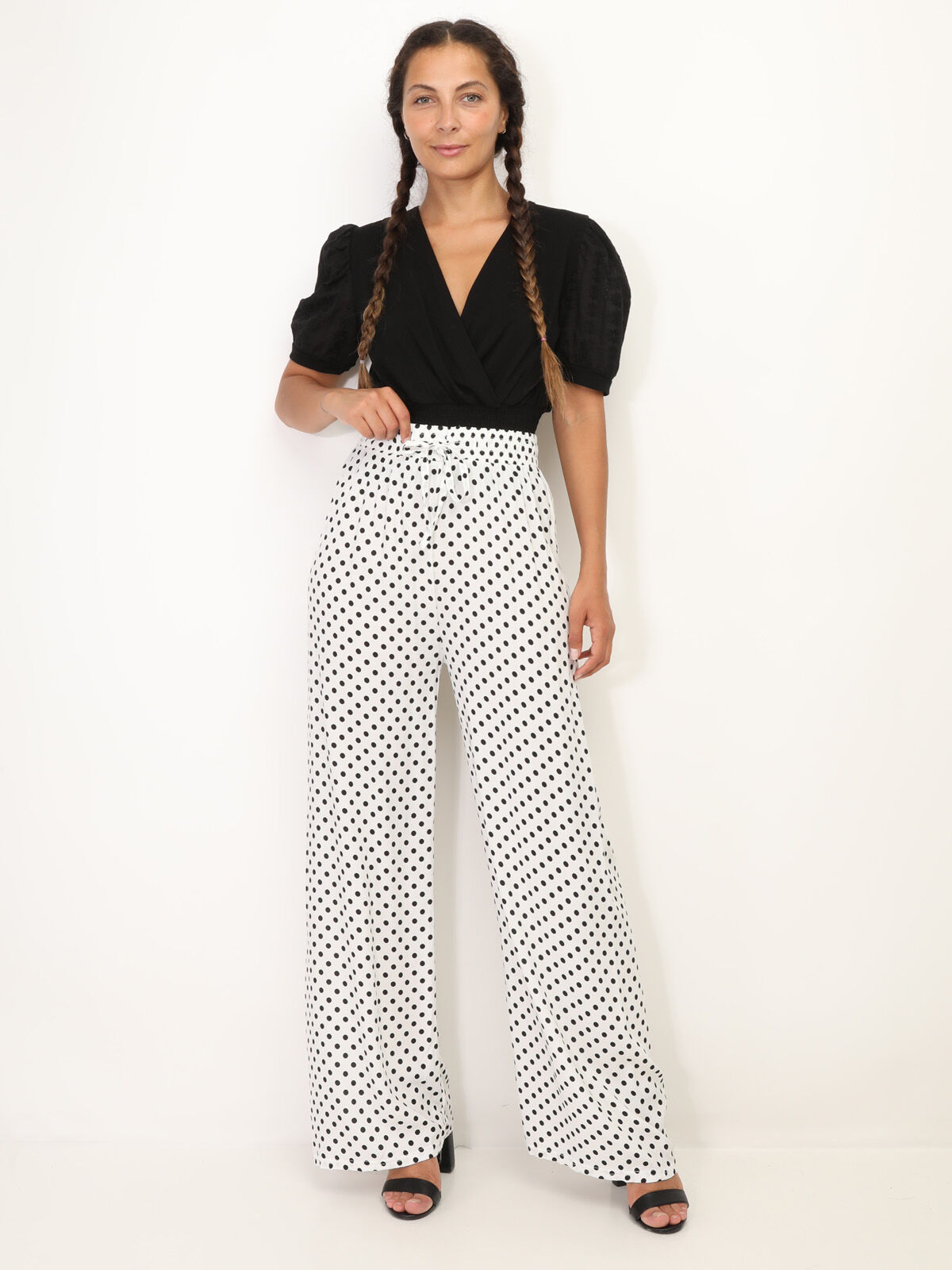 Pantalon ample à pois et liens- Blanc