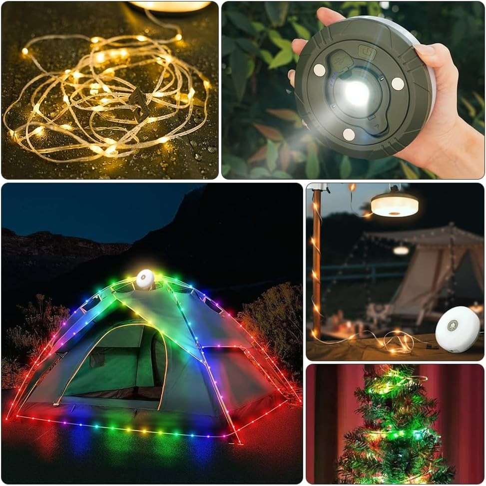 (10m) 2in1 Mini LED Outdoor Lampe USB Lichterkette Tragbare Gartenleuchte Kabelrolle mit 5 Modi IP44 - Warmweiss / RGB