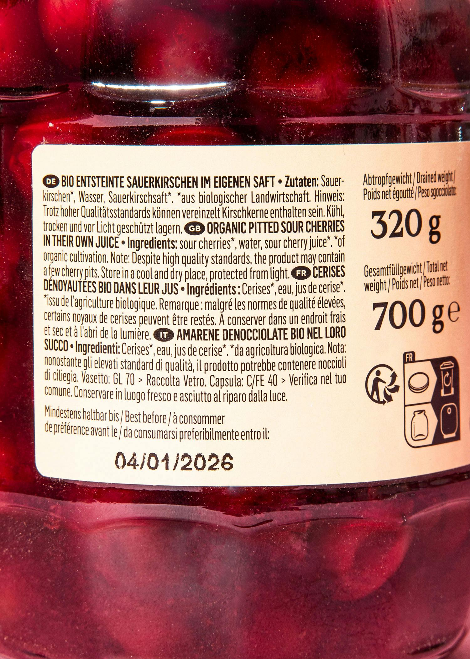 Entsteinte Bio Sauerkirschen im Glas 700 g