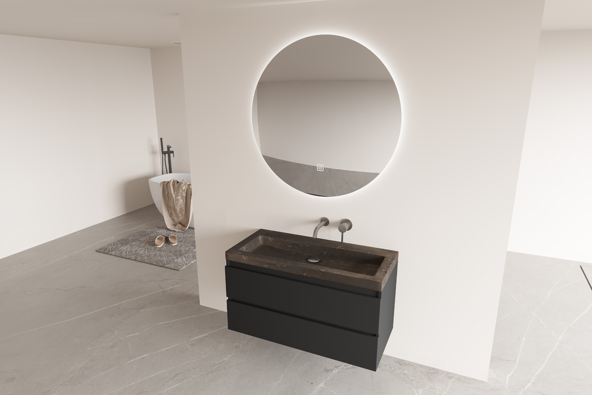 Fontana Freestone badkamermeubel mat zwart 100cm met natuurstenen wastafel zonder kraangat