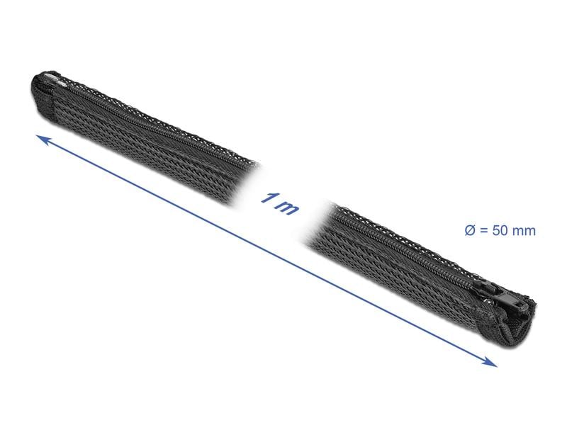 Delock Kabelschlauch 1 m x 50 mm, mit Reissverschluss Schwa Geflechtschlauch mit Reissverschluss hitzebeständig 1 m x 50 mm Schwarz