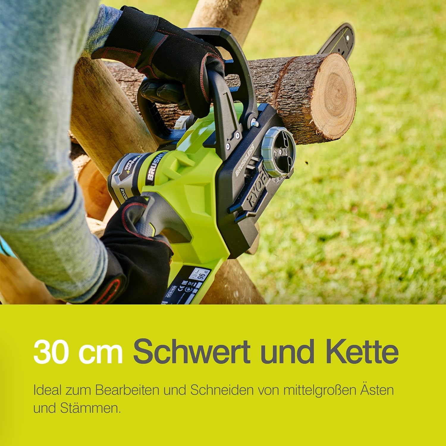 RYOBI 18 V ONE+ Brushless Akku-Kettensäge OCS1830, Schwertlänge 30 cm, bürstenloser Motor, werkzeugloses Kettenspannen, ohne Akku und Ladegerät