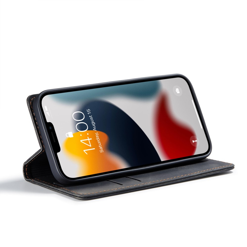iPhone 13 Pro Leder Tasche Flip Wallet Etui mit Kartenfächern - Schwarz