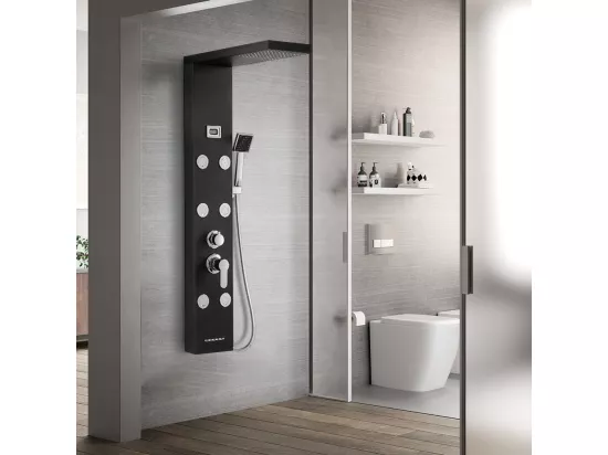 Panneau Colonne de Douche Hydromassante Noir Panneau de Douche Kit en Acier Inox avec 6 Grandes Buses Massants Ensemble de Douche avec Écran LCD