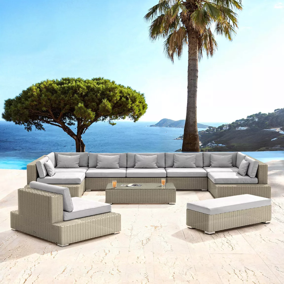 Salon de jardin en résine tressée 9 places 9 pcs Palma Gris
