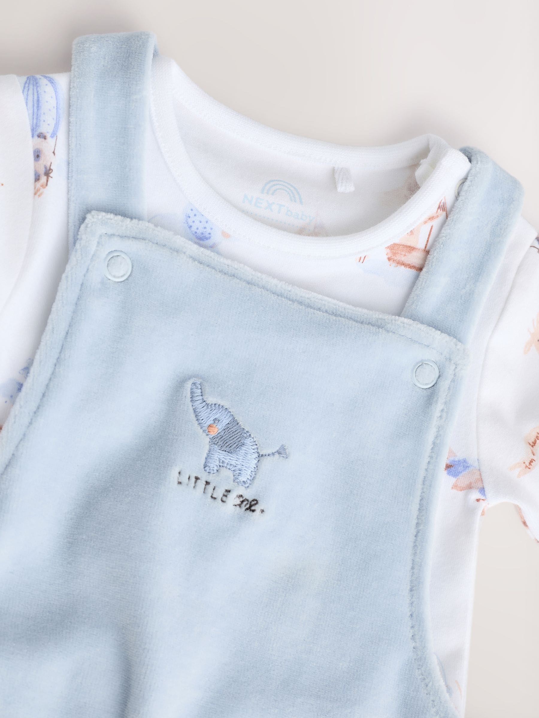 Blauw met olifantenprint - Baby Velour Dungarees and Bodysuit Set (0mths-3yrs)