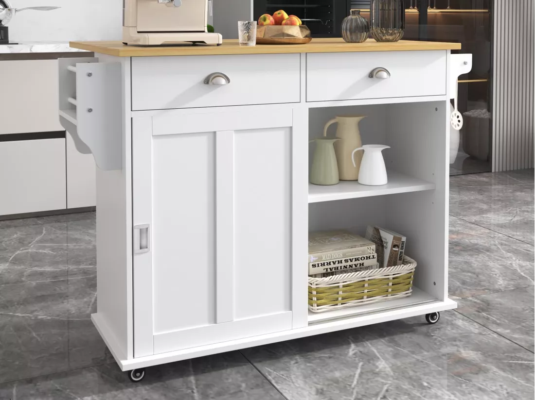 Ilot central de cuisine - 2 tiroirs et 2 portes coulissantes - pieds en roulettes ou en bois - Blanc