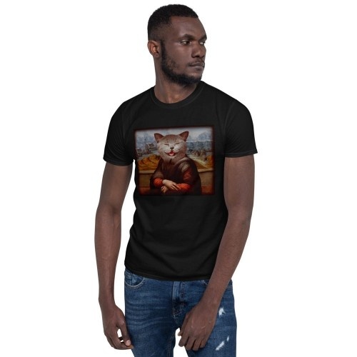 Camiseta masculina Mascochula, La Gioconda, personalizada com seu animal de estimação, preta.