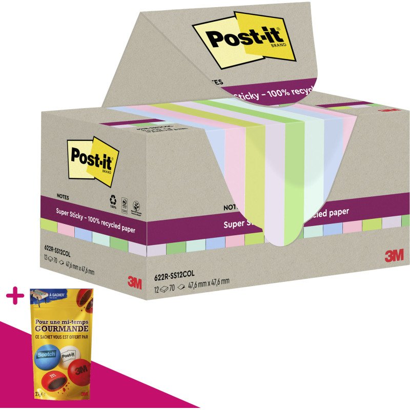 Notes repositionnables recyclées couleurs Super Sticky Post-it - bloc de 70 feuilles = Pour l'achat notes repositionnables, 1 sachet de M&M OFFERT