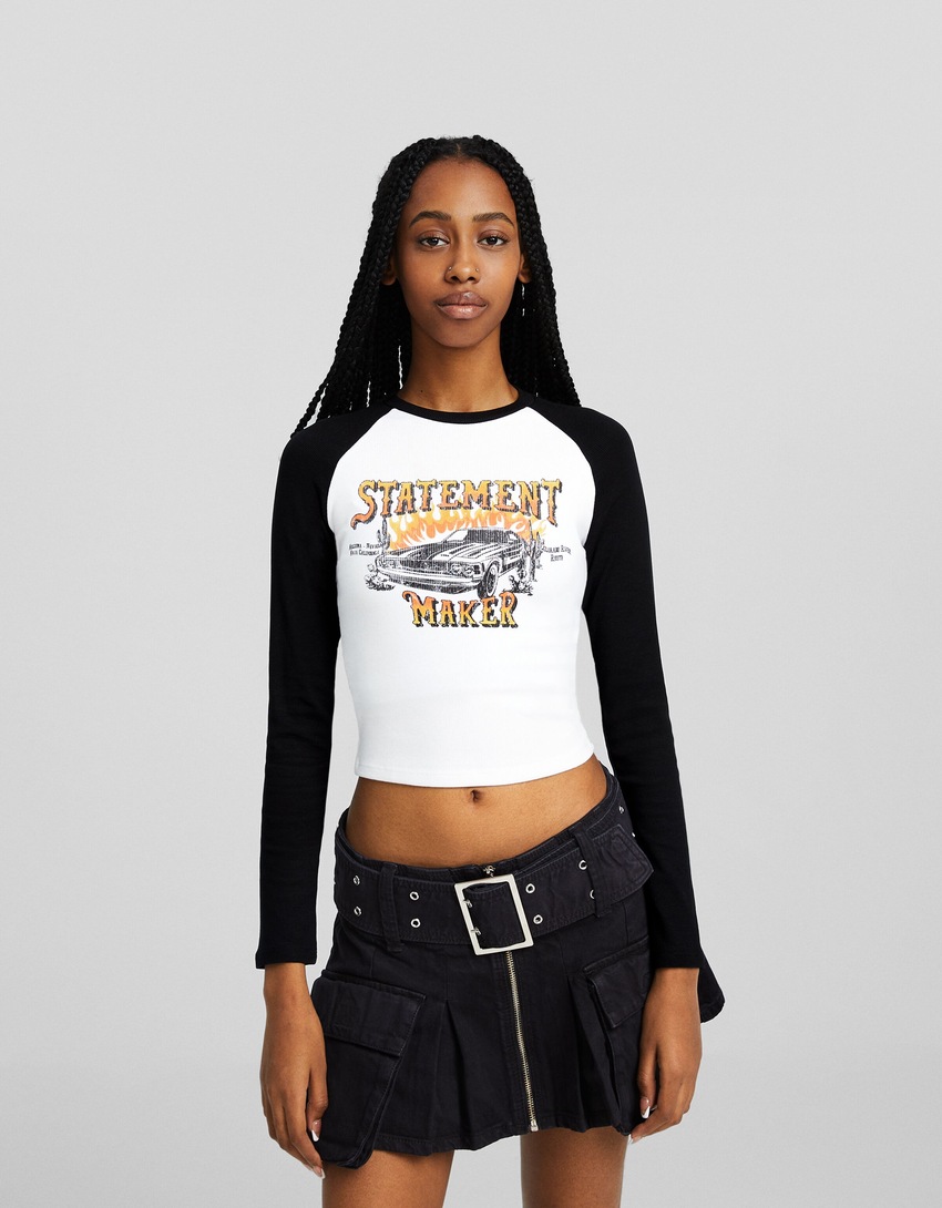 Camiseta longa raglan estampada