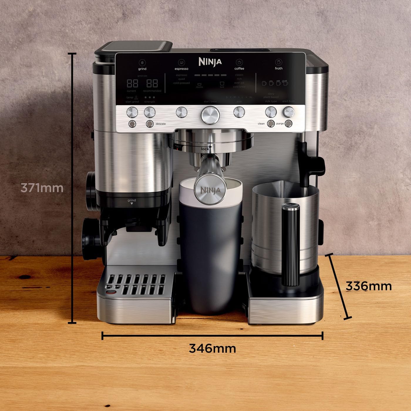 NINJA Machine à café Luxe Premier 3-en-1, Latte, Cappuccino, Infusion à froid et Espresso avec broyeur à grains et mousseur à lait intégrés, facile à