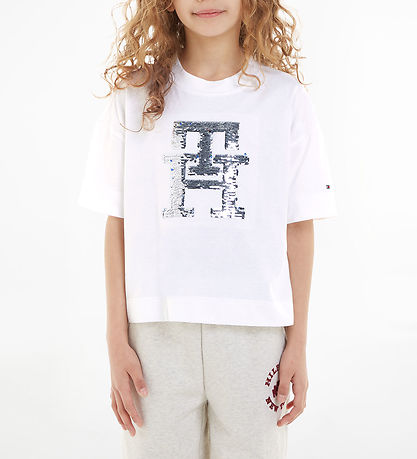 Tommy Hilfiger T-Shirt - Monogramm-Pailletten - White m. Paillet