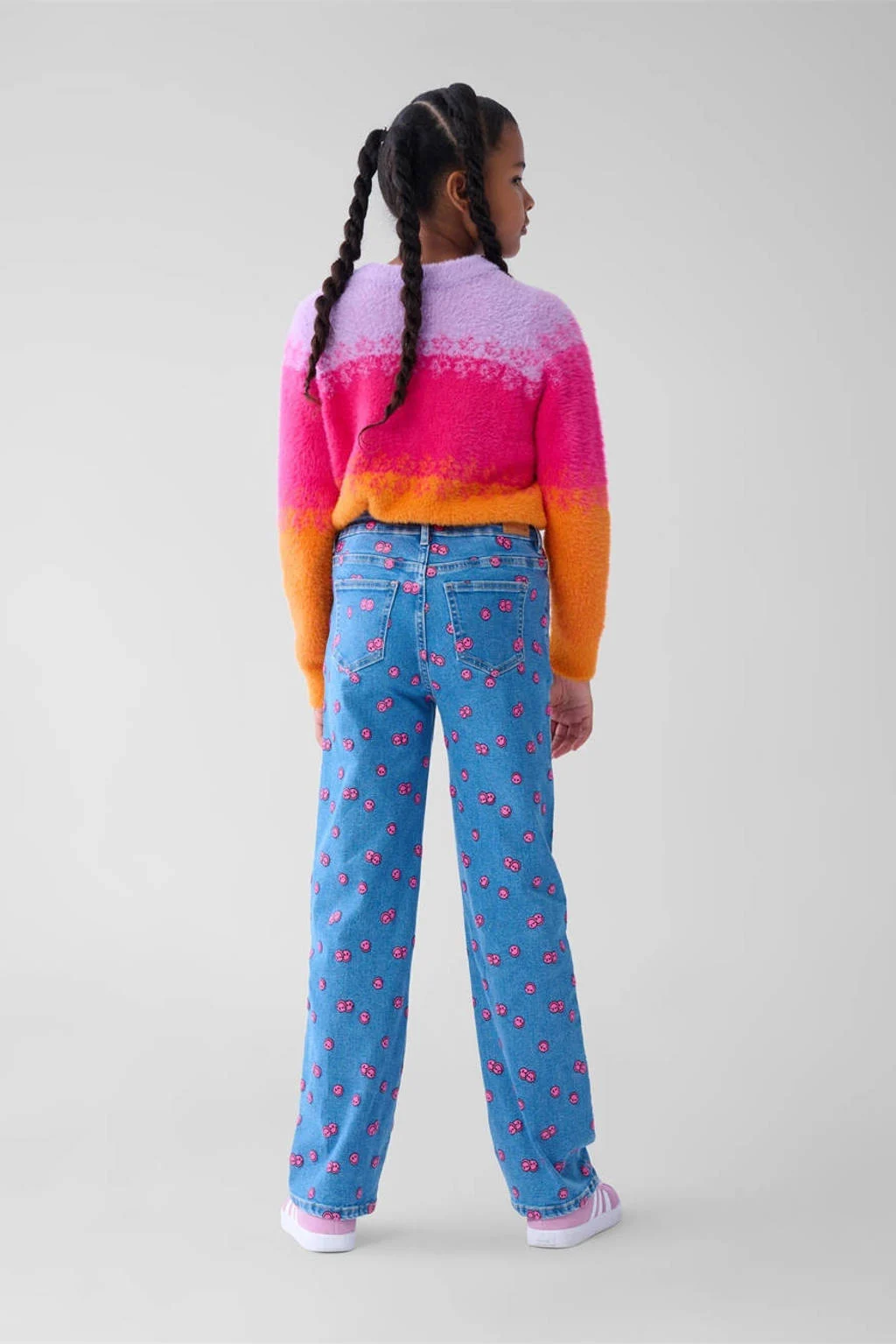 Shoeby high waist straight leg jeans met all over print blauw/roze