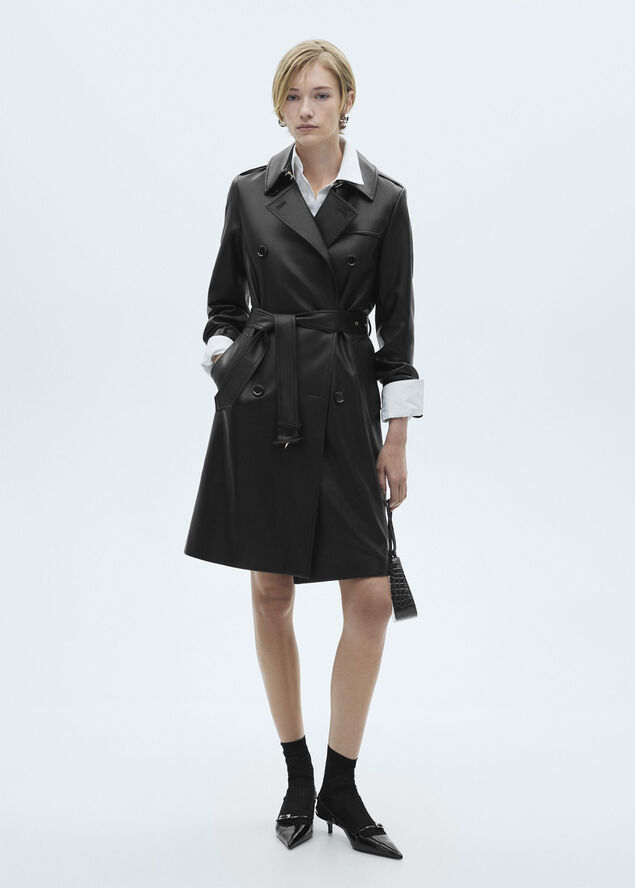 MANGO Leather-effect trench coat Black