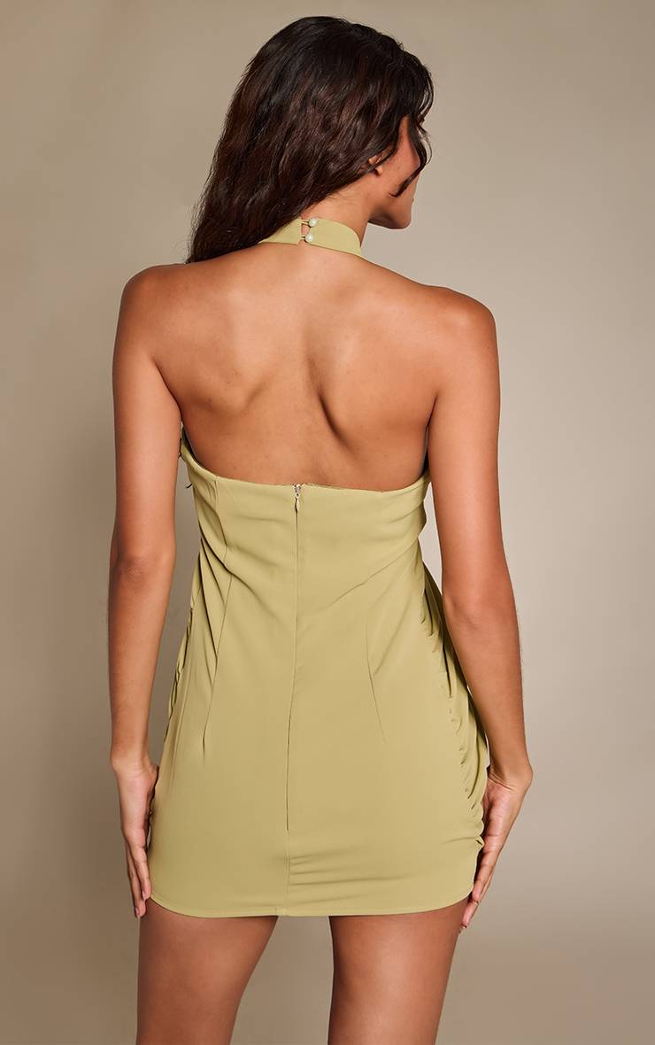 Vert Olive Robe Mini Drapée Bandeau Ornée De Fleur En Mousseline
