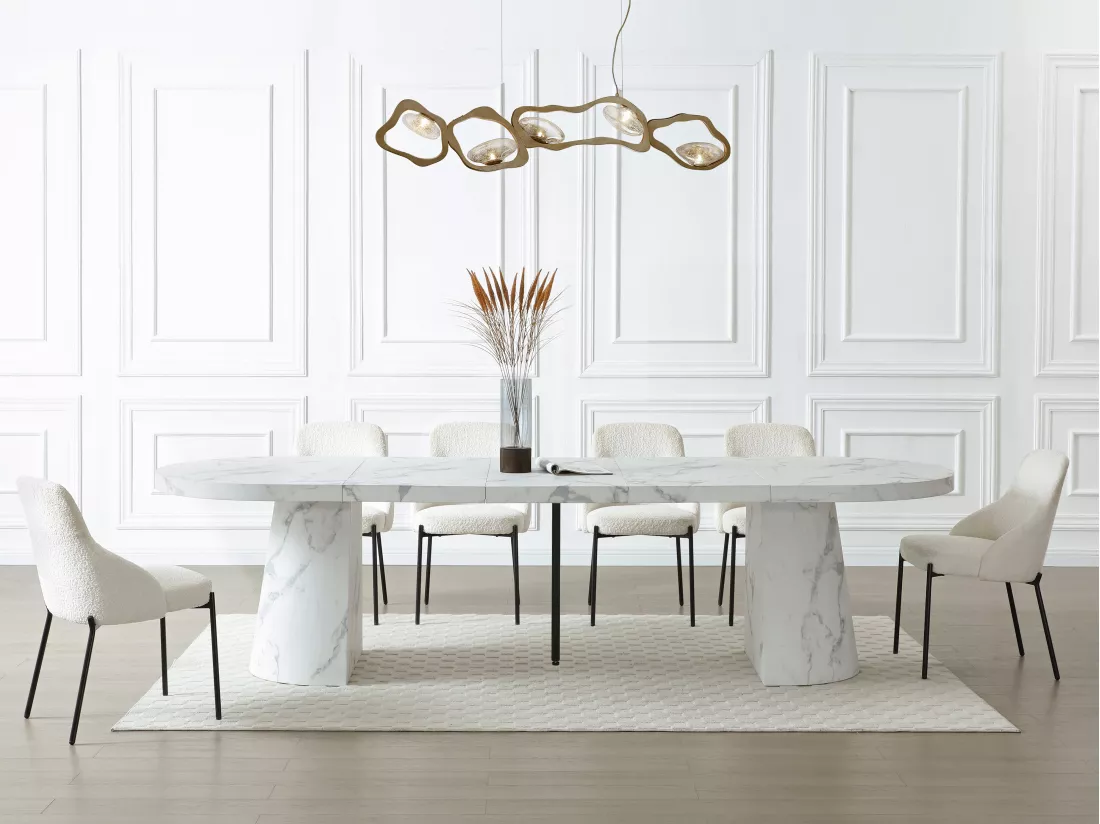 Table à manger extensible 6 à +12 personnes en MDF - Effet marbre blanc - CLOEVA