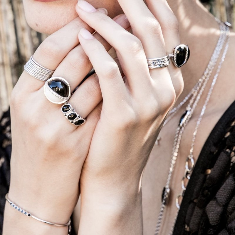 Bague Argent Sphère Noire Et Blanc