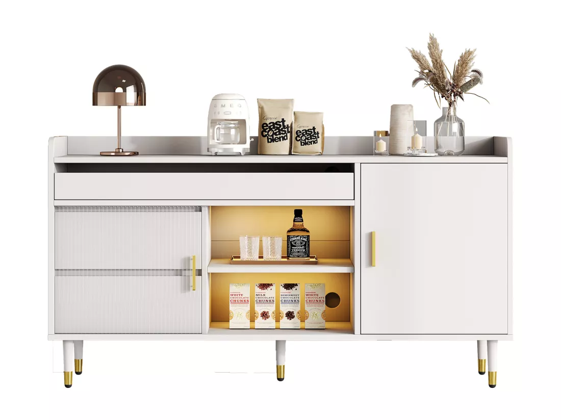 Buffet bas avec LED - 2 portes & 3 tiroirs - Blanc