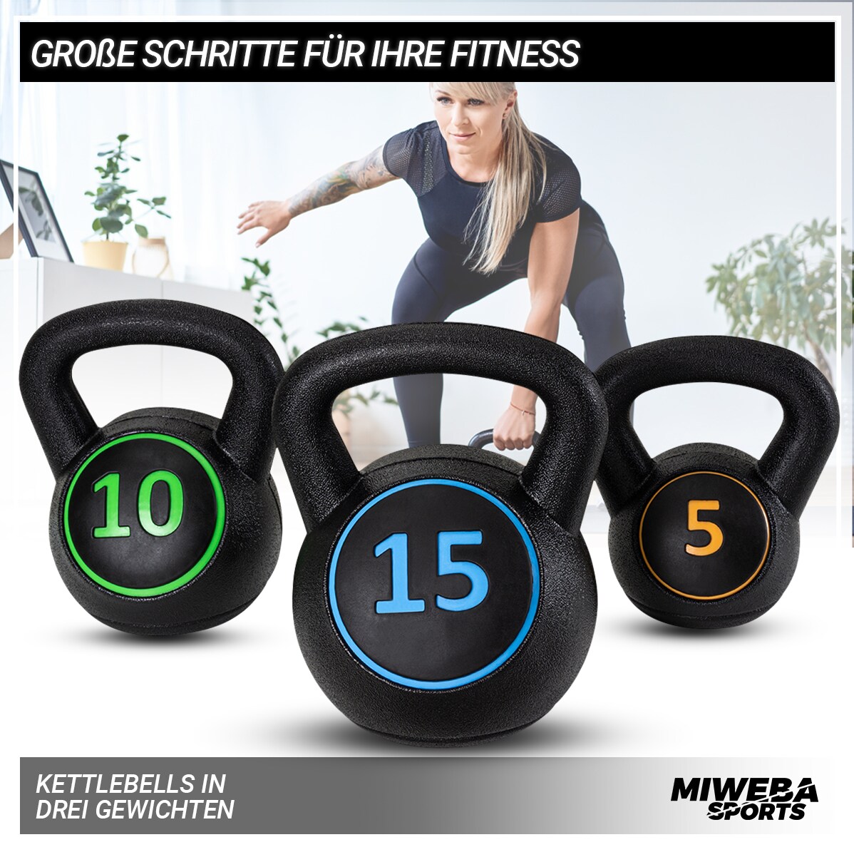 Miweba Sports Kettlebell-Set, 2-7 kg, Kettlebell-Ablage, Kugelhantel Indoor und Outdoor, Betonfüllung (2 - 7 kg)