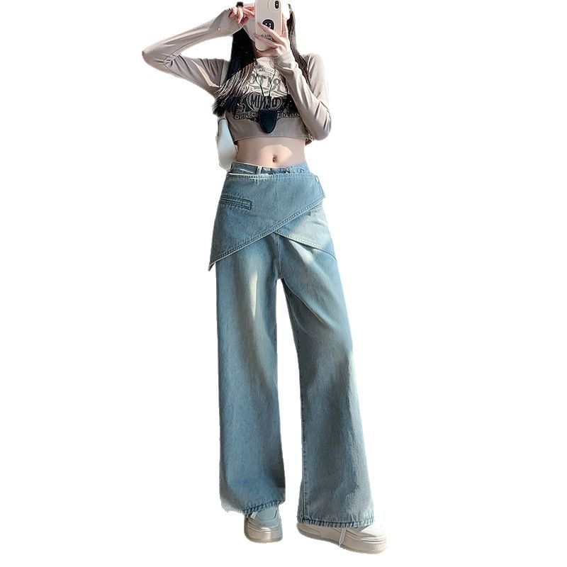 OGAWA - Lage taille gewassen rok overlay wijde pijpen jeans