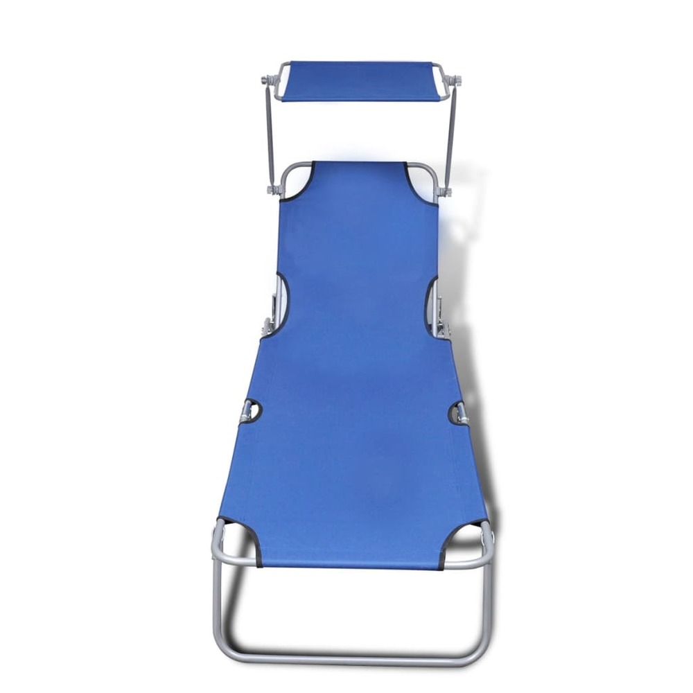Transat chaise longue bain de soleil lit de jardin terrasse meuble d'extérieur pliable avec auvent acier et tissu bleu 02_001
