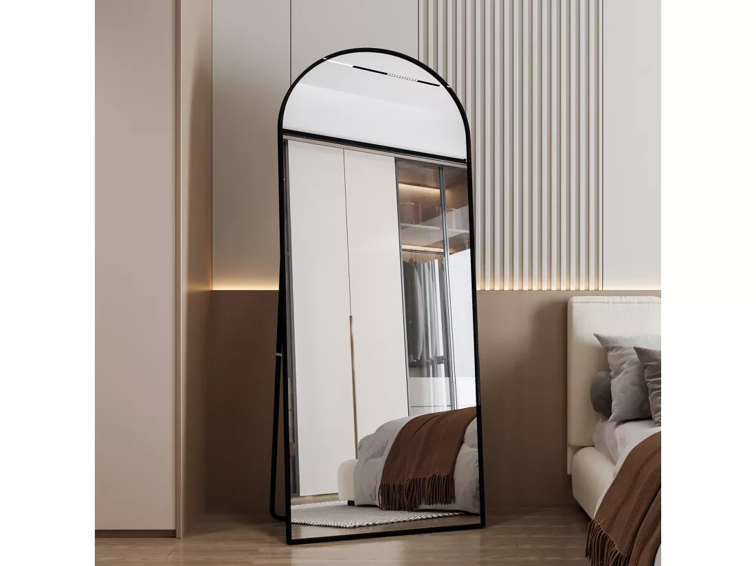 Miroir pleine longueur 180 x 80 cm, sur pied, suspendu ou appuyé, grand miroir de sol avec cadre en alliage d'aluminium noir pour salon ou chambre à coucher, Arc