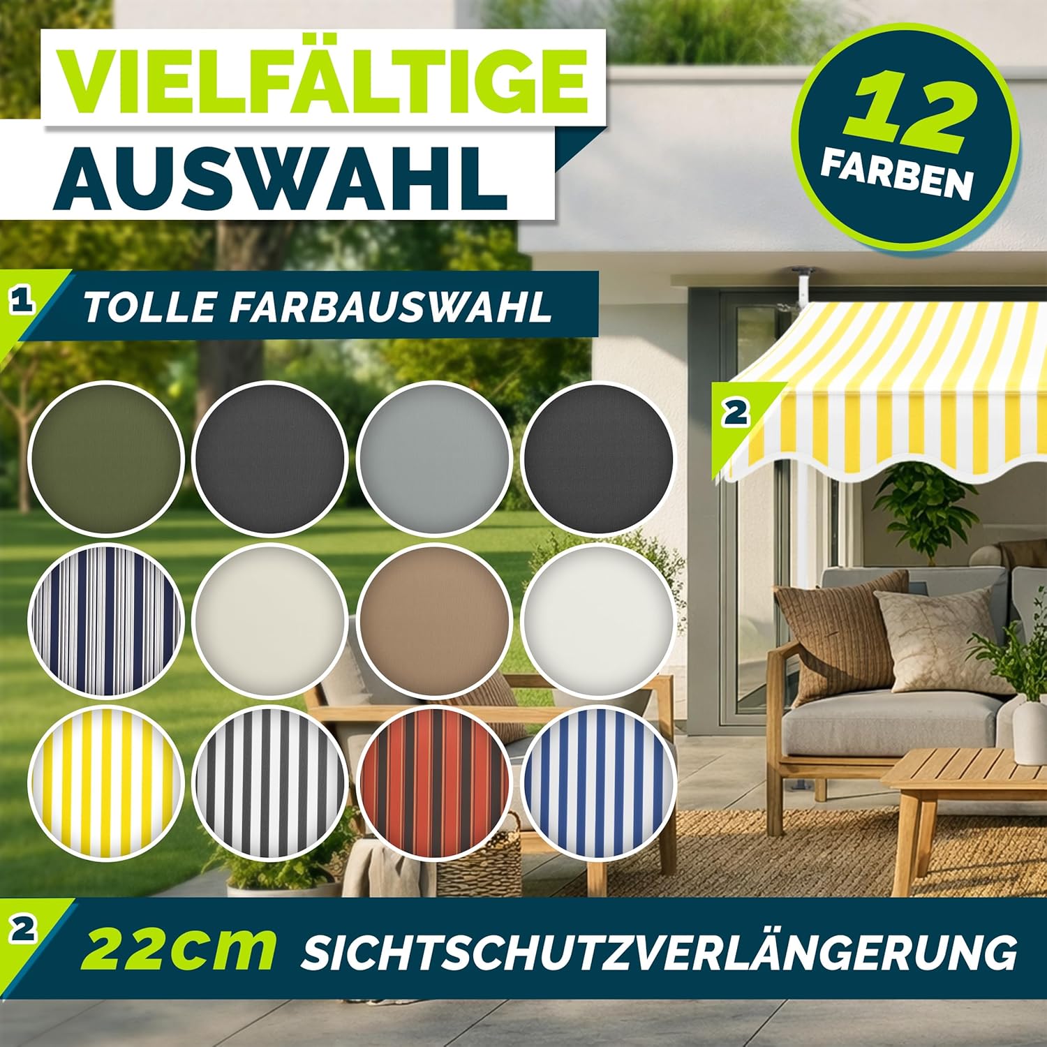 tillvex Klemmmarkise mit Handkurbel & LED Lichterkette Balkon | Balkonmarkise ohne Bohren | Markise UV-beständig & höhenverstellbar | Sonnenschutz Terrasse & Garten wasserdicht (Gelb-Weiß, 250cm)