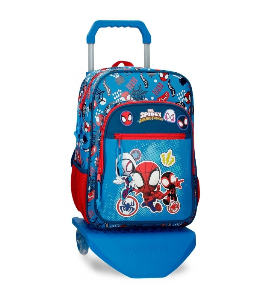 Mochila Joumma Bags Spidey Go Webs Go 38cm com carrinho azul