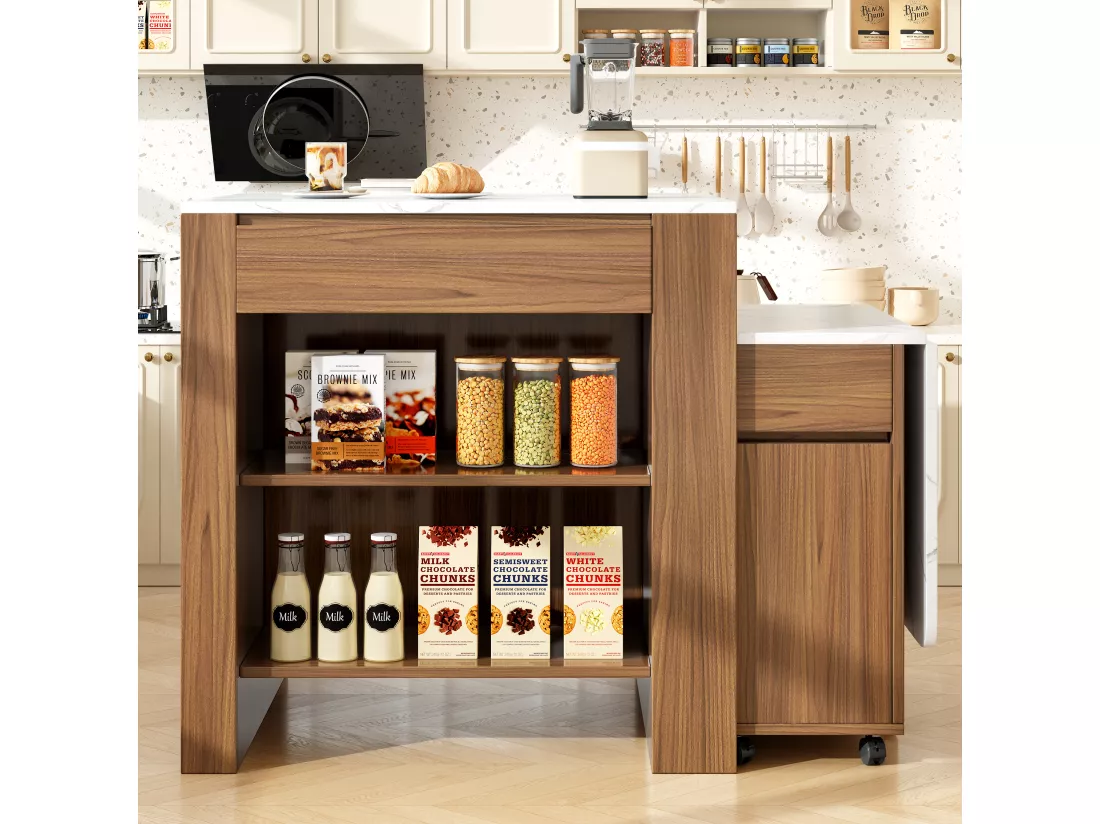 Ilot central de cuisine avec 4 tiroirs et étagères ouvertes - Plateau extensible - 110(214)x78x97.5 cm - 2 à 6 personnes - Marron+Blanc