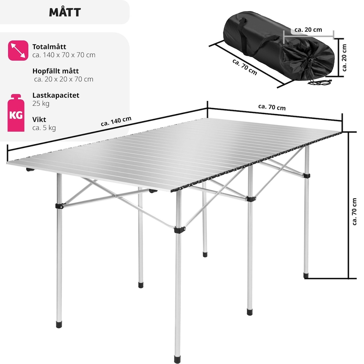Aluminium sammenleggbart campingbord 140x70x70cm - grå