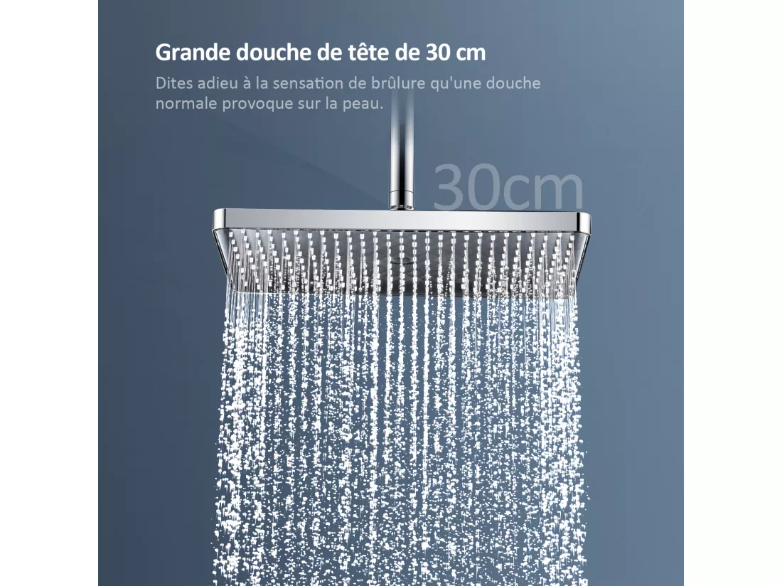 EMKE Colonne de douche thermostat, douchette à 3 puissances de jet, jet cascade, set de douche avec étagère en verre, Certification KTW, Chrome
