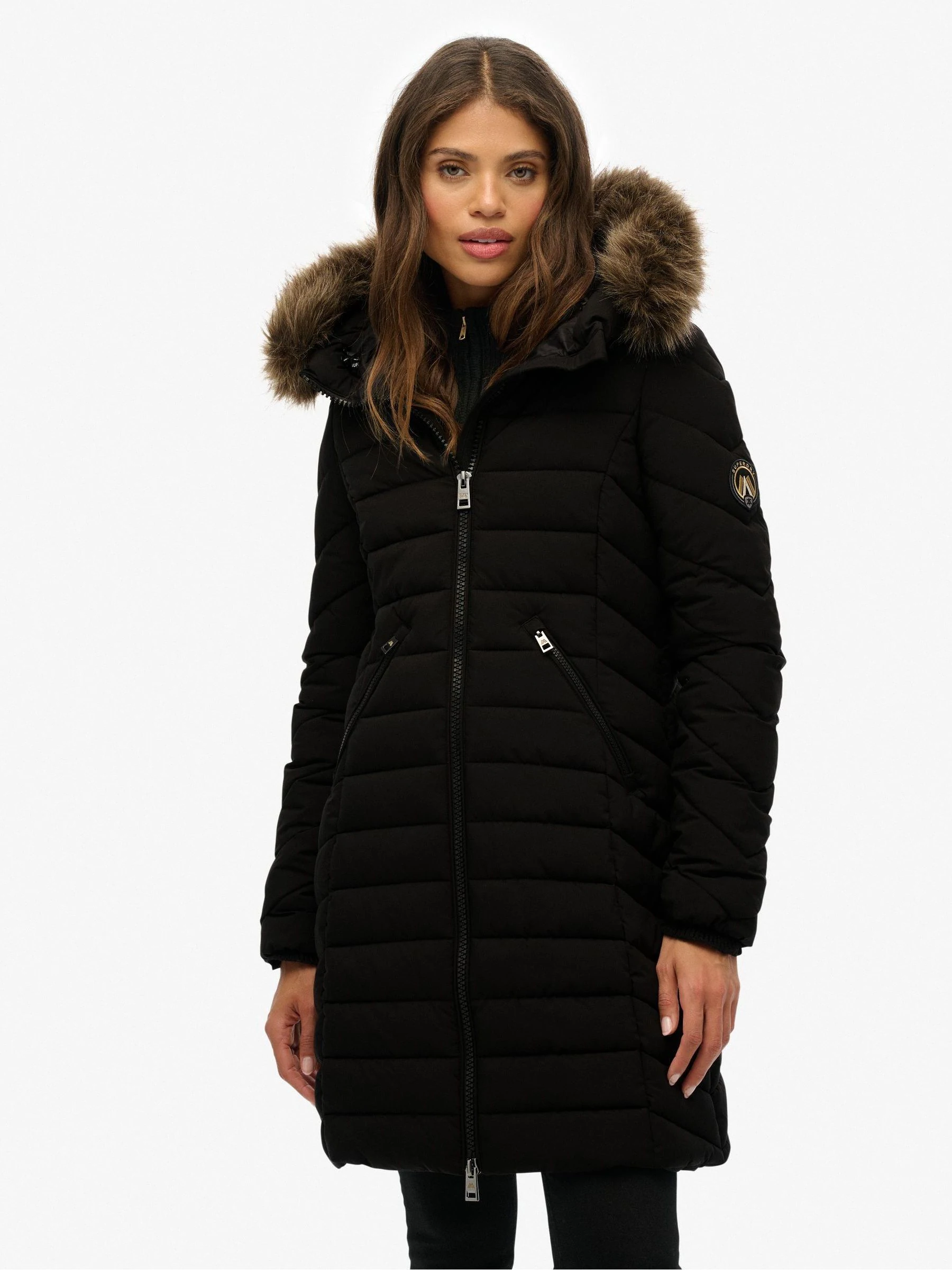 Zwart - Superdry Fuji Faux Hood Mid Length Coat