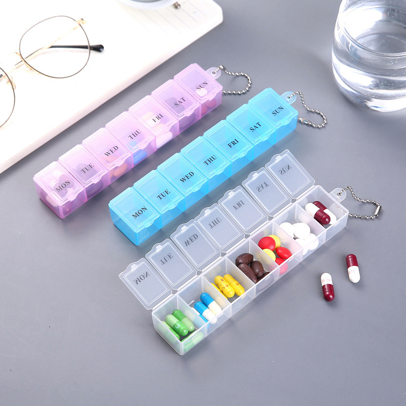 (150x30mm) Medikamenten Dosierer 7 Tage Dosett Tablettenbox Supplements Pillendose   Kugelkette - Blau