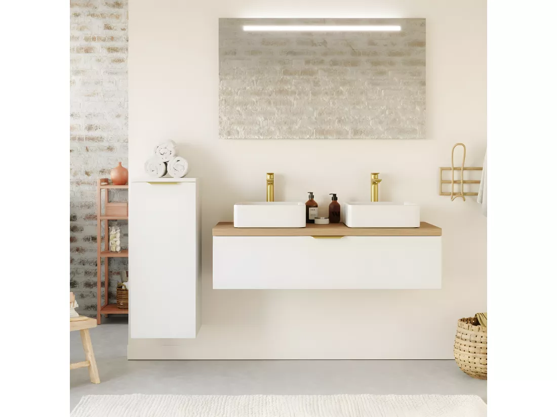Meuble de salle de bain suspendu 2 vasques à poser 120cm 1 tiroir Blanc - Venice