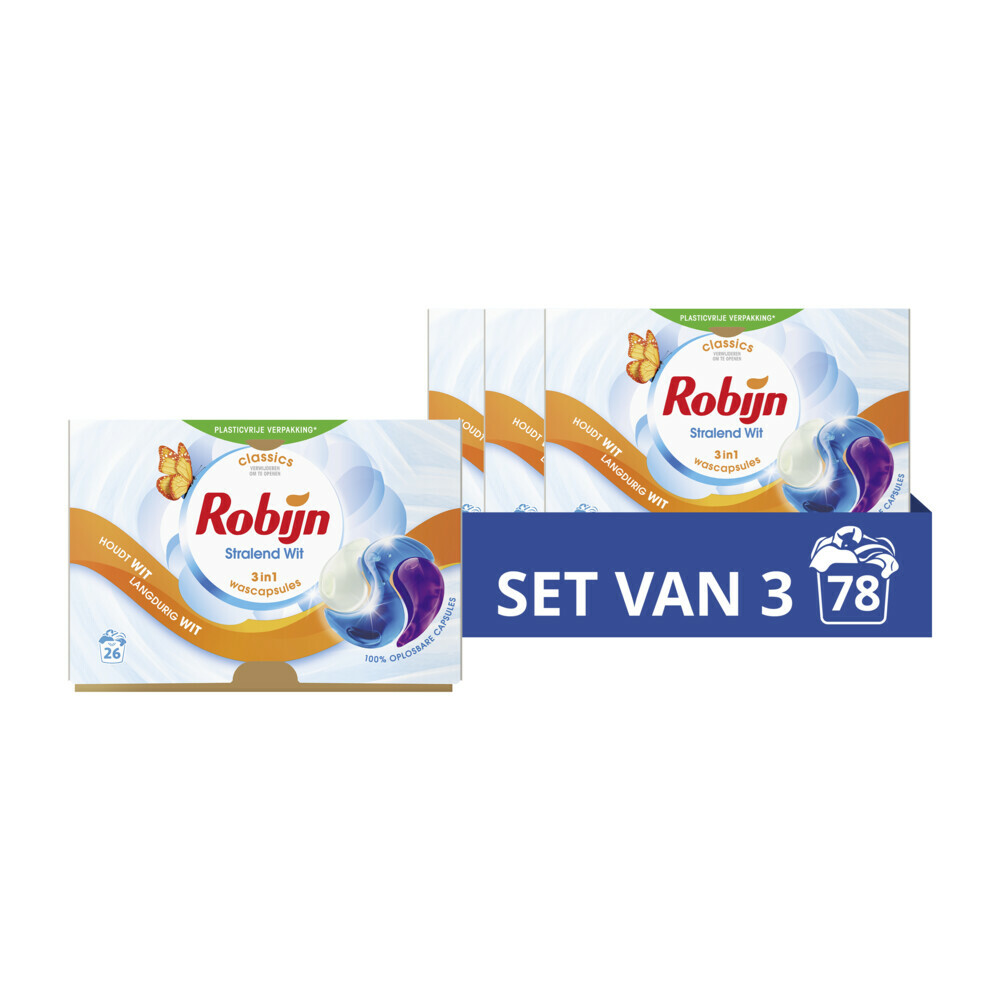 3x Robijn Wascapsules 3-in-1 Stralend Wit26 stuks