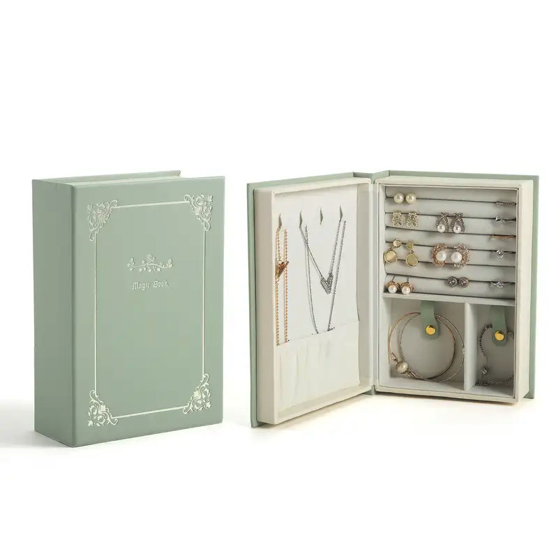 (15x21cm) Leder Schmuckschatulle Aufbewahrungsbox Organizer für Ringe / Ohrringe / Armbänder mit Magnetverschluss - Grün / Beige