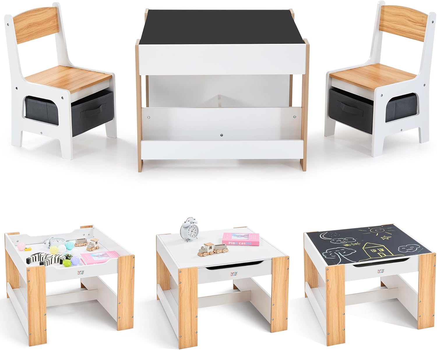 Baby Vivo Kindersitzgruppe Kindertisch Maltisch - Kindertischgruppe mit Stauraum und Bücherablage an 2 Seiten - Kindermöbel Kinderzimmer Set mit multifunktionalem Tisch und 2 Stühlen aus Holz - Mia
