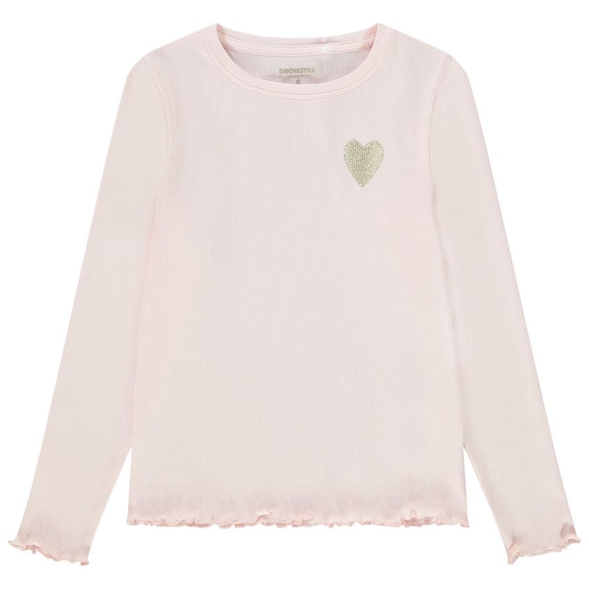 T-shirt manches longues en rib broderie coeur pour fille - Rose