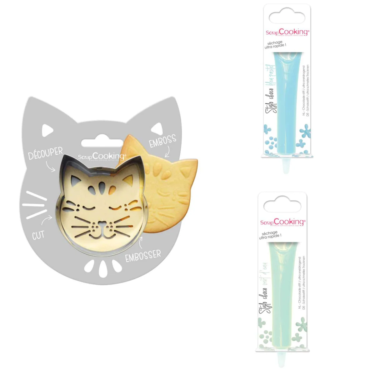 Kit pour biscuit en relief Chat + 2 Stylos au chocolat bleu pastel et